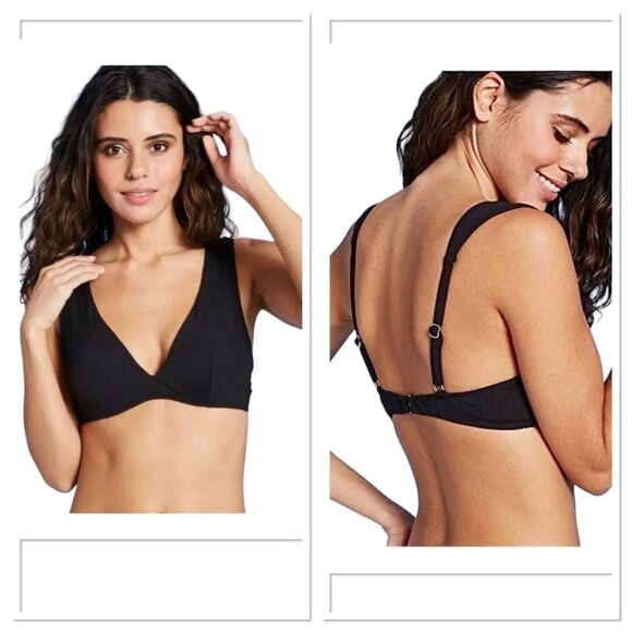 Shade & Shore Womens‎ Lightly Lined Plunge Wide Strap Ribbed Bikini Top Size 34C - Picture 1 of 8